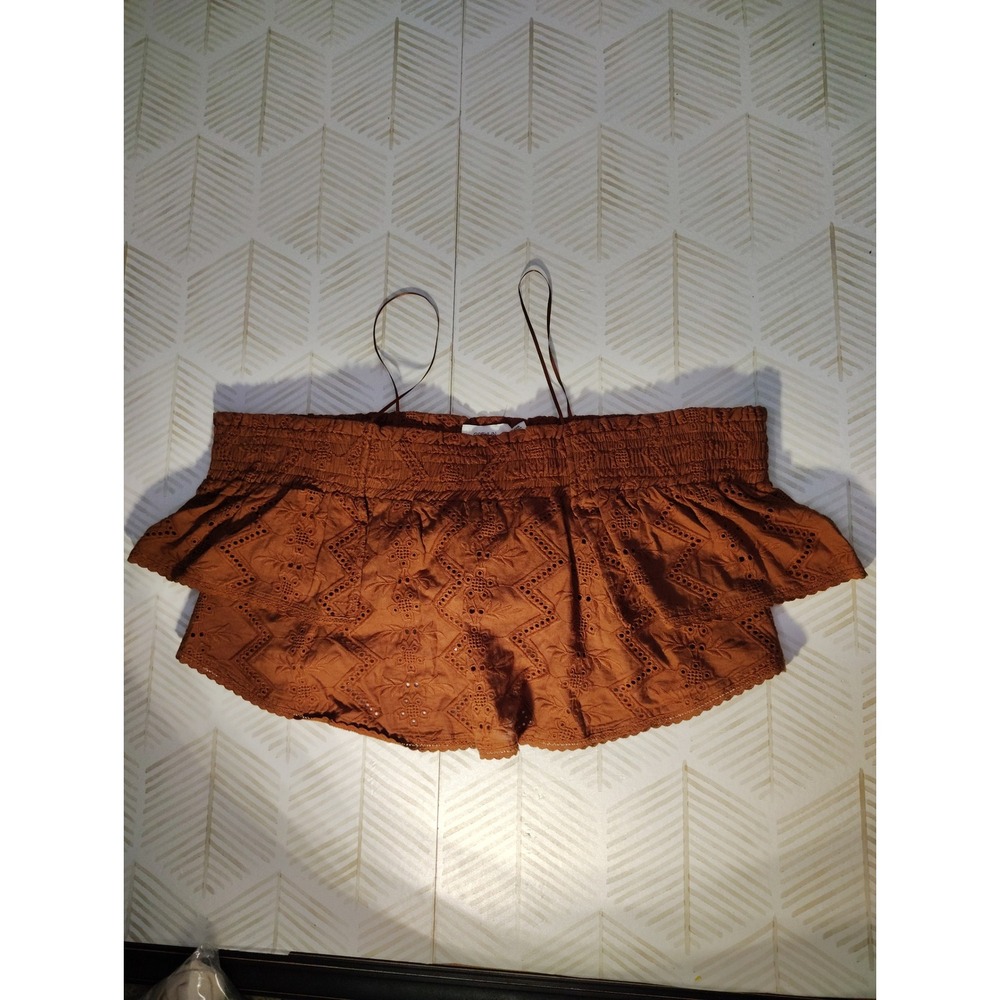 Greylin Brown Eyelet Cotton Smocked Off Shoulder Crop Top G243T6980 Womens M